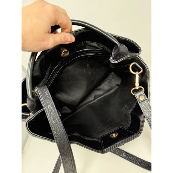 Black Woven Faux Leather Satchel Crossbody Handbag Gold Hardware - Picture 3 of 9